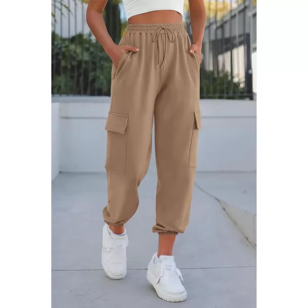 imagePRETTYGARDEN Womens Summer Cargo Sweatpants Casual Elastic High Waisted Lounge Jogger Pants with PocketsKhaki