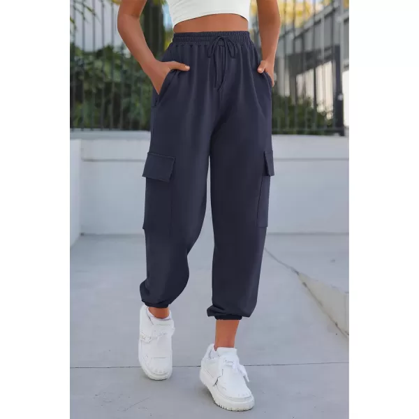 imagePRETTYGARDEN Womens Summer Cargo Sweatpants Casual Elastic High Waisted Lounge Jogger Pants with PocketsNavy
