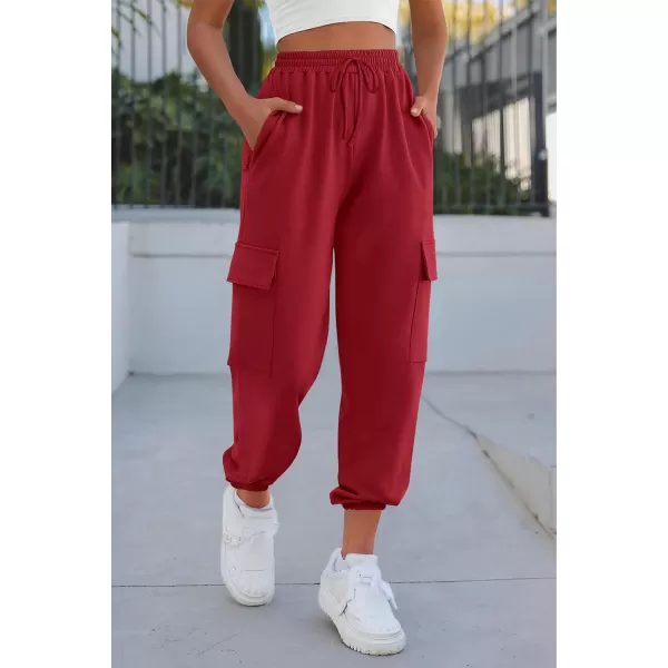 imagePRETTYGARDEN Womens Summer Cargo Sweatpants Casual Elastic High Waisted Lounge Jogger Pants with PocketsWine Red