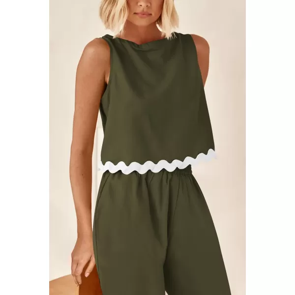 imagePRETTYGARDEN Womens Summer Casual 2 Piece Outfits Sleeveless Tank Crop Top Wide Leg Pants Sets TracksuitArmy Green