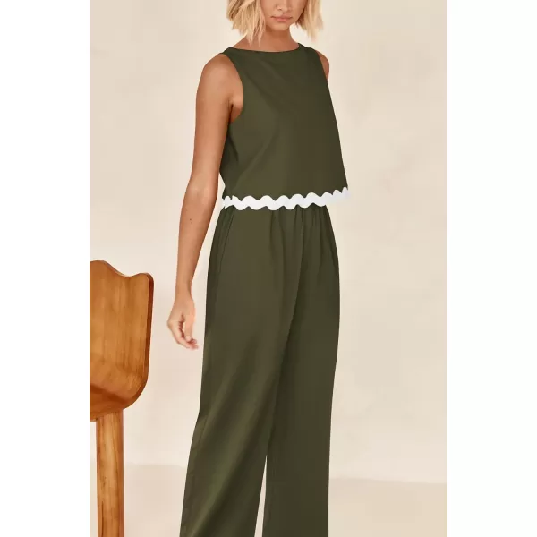 imagePRETTYGARDEN Womens Summer Casual 2 Piece Outfits Sleeveless Tank Crop Top Wide Leg Pants Sets TracksuitArmy Green