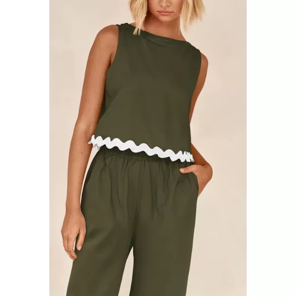 imagePRETTYGARDEN Womens Summer Casual 2 Piece Outfits Sleeveless Tank Crop Top Wide Leg Pants Sets TracksuitArmy Green