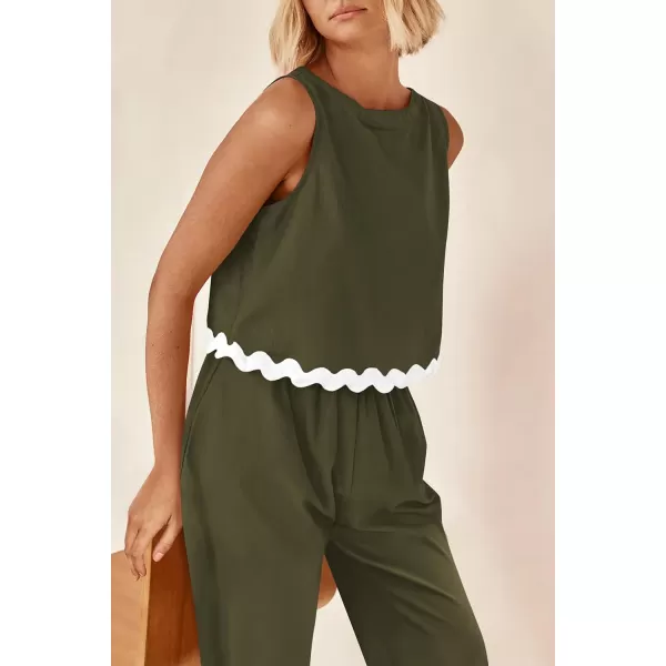 imagePRETTYGARDEN Womens Summer Casual 2 Piece Outfits Sleeveless Tank Crop Top Wide Leg Pants Sets TracksuitArmy Green