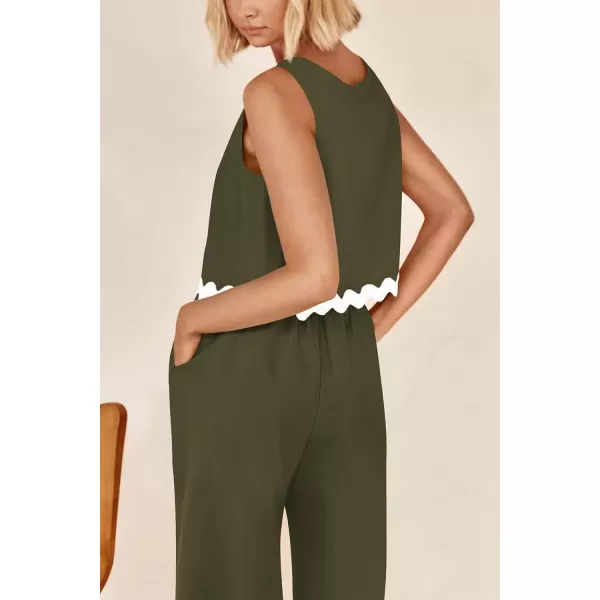 imagePRETTYGARDEN Womens Summer Casual 2 Piece Outfits Sleeveless Tank Crop Top Wide Leg Pants Sets TracksuitArmy Green