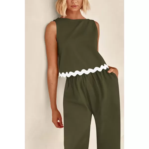 imagePRETTYGARDEN Womens Summer Casual 2 Piece Outfits Sleeveless Tank Crop Top Wide Leg Pants Sets TracksuitArmy Green