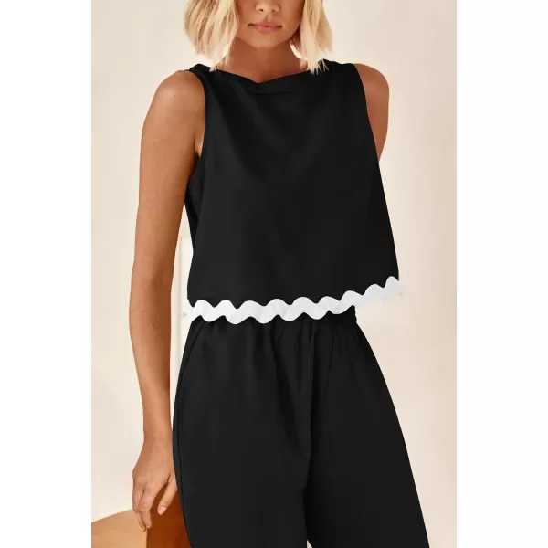 imagePRETTYGARDEN Womens Summer Casual 2 Piece Outfits Sleeveless Tank Crop Top Wide Leg Pants Sets TracksuitBlack