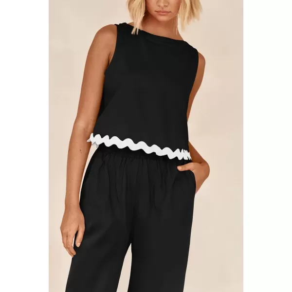 imagePRETTYGARDEN Womens Summer Casual 2 Piece Outfits Sleeveless Tank Crop Top Wide Leg Pants Sets TracksuitBlack