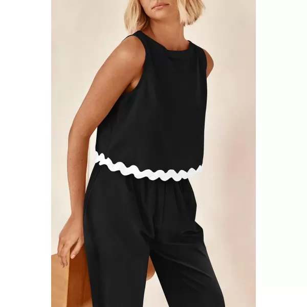 imagePRETTYGARDEN Womens Summer Casual 2 Piece Outfits Sleeveless Tank Crop Top Wide Leg Pants Sets TracksuitBlack