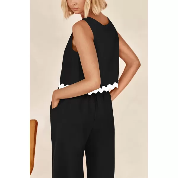 imagePRETTYGARDEN Womens Summer Casual 2 Piece Outfits Sleeveless Tank Crop Top Wide Leg Pants Sets TracksuitBlack