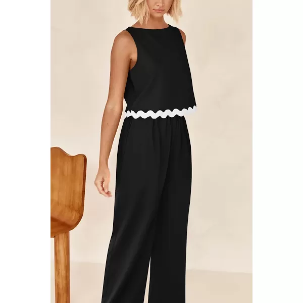 imagePRETTYGARDEN Womens Summer Casual 2 Piece Outfits Sleeveless Tank Crop Top Wide Leg Pants Sets TracksuitBlack