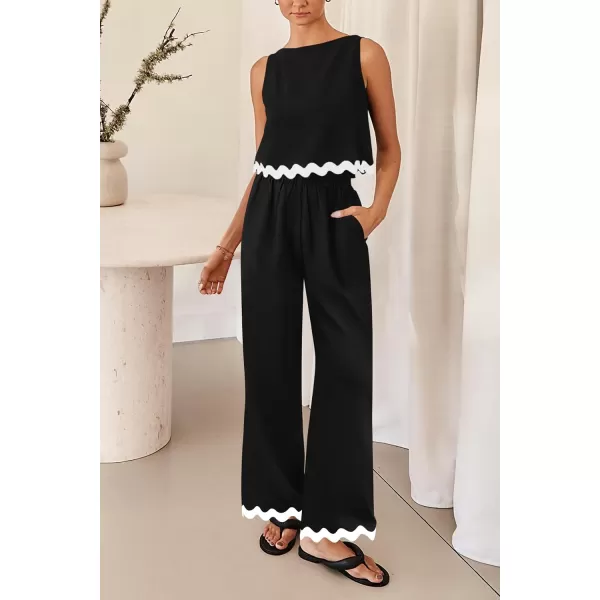 imagePRETTYGARDEN Womens Summer Casual 2 Piece Outfits Sleeveless Tank Crop Top Wide Leg Pants Sets TracksuitBlack