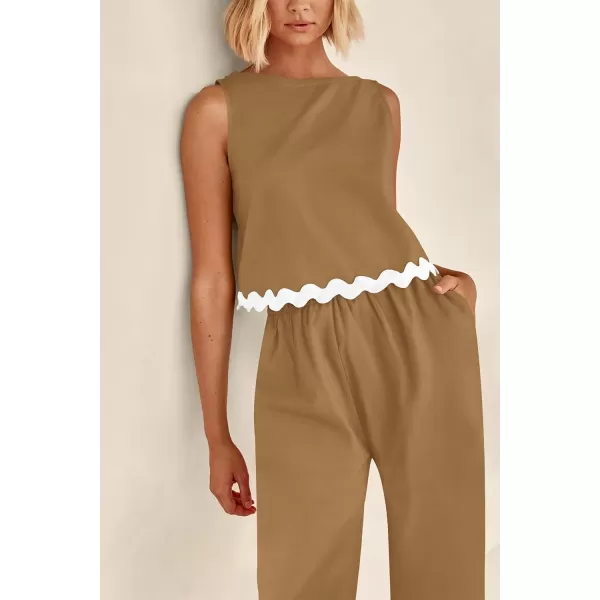 imagePRETTYGARDEN Womens Summer Casual 2 Piece Outfits Sleeveless Tank Crop Top Wide Leg Pants Sets TracksuitKhaki