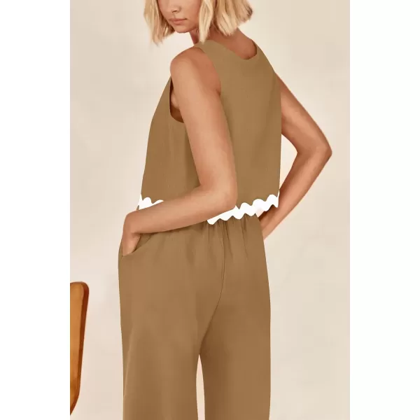 imagePRETTYGARDEN Womens Summer Casual 2 Piece Outfits Sleeveless Tank Crop Top Wide Leg Pants Sets TracksuitKhaki