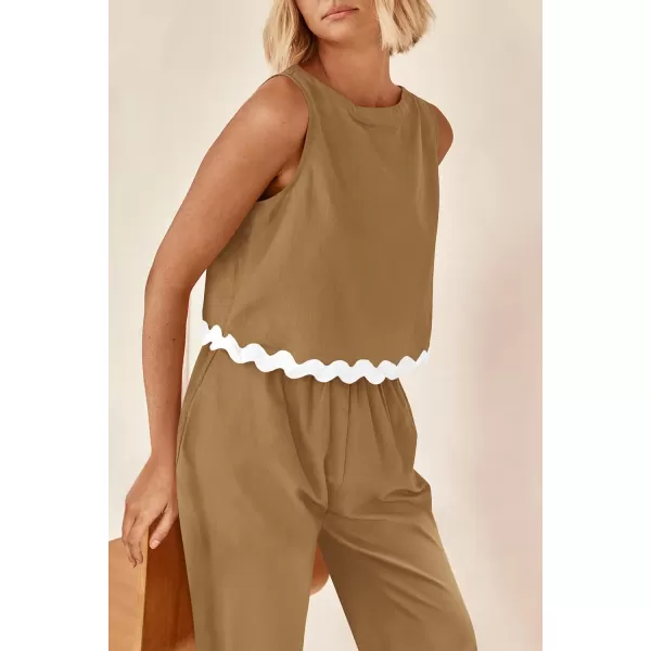 imagePRETTYGARDEN Womens Summer Casual 2 Piece Outfits Sleeveless Tank Crop Top Wide Leg Pants Sets TracksuitKhaki