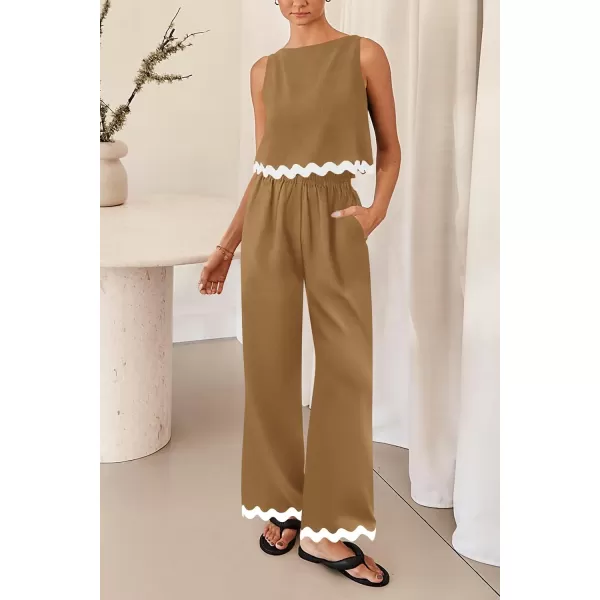 imagePRETTYGARDEN Womens Summer Casual 2 Piece Outfits Sleeveless Tank Crop Top Wide Leg Pants Sets TracksuitKhaki