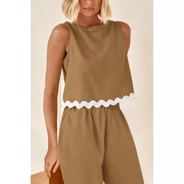 imagePRETTYGARDEN Womens Summer Casual 2 Piece Outfits Sleeveless Tank Crop Top Wide Leg Pants Sets TracksuitKhaki