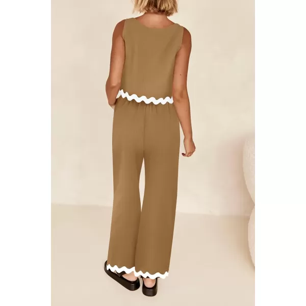 imagePRETTYGARDEN Womens Summer Casual 2 Piece Outfits Sleeveless Tank Crop Top Wide Leg Pants Sets TracksuitKhaki