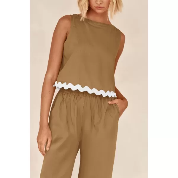 imagePRETTYGARDEN Womens Summer Casual 2 Piece Outfits Sleeveless Tank Crop Top Wide Leg Pants Sets TracksuitKhaki