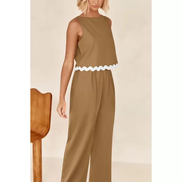 imagePRETTYGARDEN Womens Summer Casual 2 Piece Outfits Sleeveless Tank Crop Top Wide Leg Pants Sets TracksuitKhaki