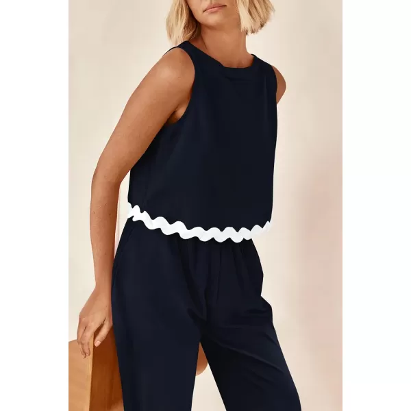 imagePRETTYGARDEN Womens Summer Casual 2 Piece Outfits Sleeveless Tank Crop Top Wide Leg Pants Sets TracksuitNavy