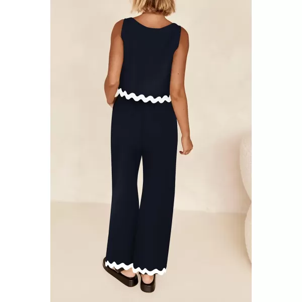 imagePRETTYGARDEN Womens Summer Casual 2 Piece Outfits Sleeveless Tank Crop Top Wide Leg Pants Sets TracksuitNavy