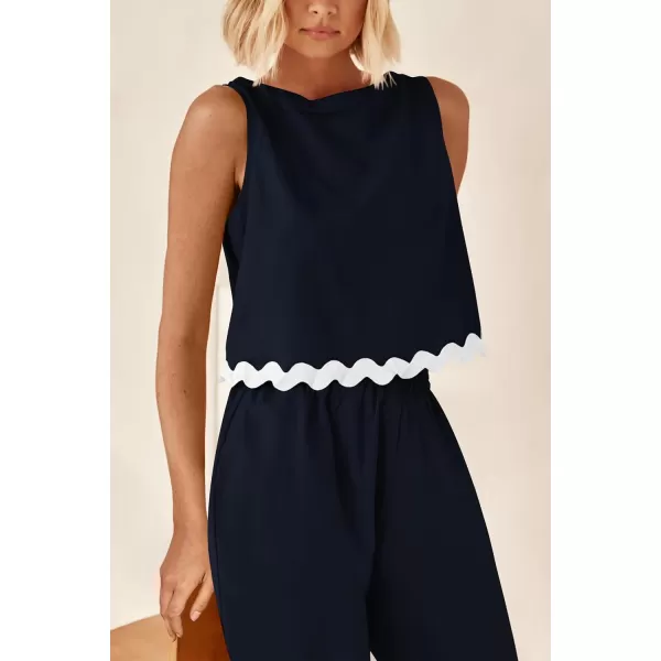 imagePRETTYGARDEN Womens Summer Casual 2 Piece Outfits Sleeveless Tank Crop Top Wide Leg Pants Sets TracksuitNavy