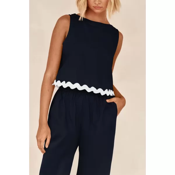 imagePRETTYGARDEN Womens Summer Casual 2 Piece Outfits Sleeveless Tank Crop Top Wide Leg Pants Sets TracksuitNavy