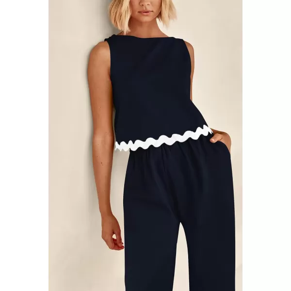 imagePRETTYGARDEN Womens Summer Casual 2 Piece Outfits Sleeveless Tank Crop Top Wide Leg Pants Sets TracksuitNavy