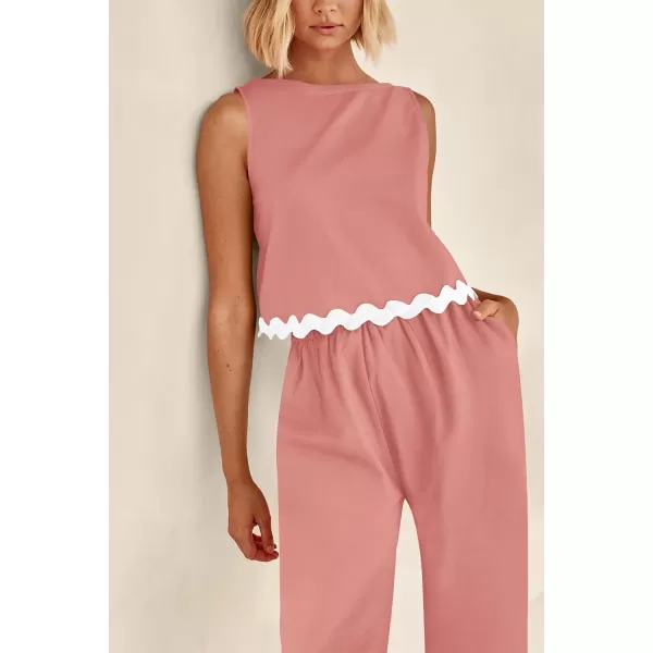 imagePRETTYGARDEN Womens Summer Casual 2 Piece Outfits Sleeveless Tank Crop Top Wide Leg Pants Sets TracksuitPink