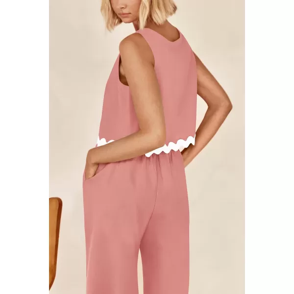 imagePRETTYGARDEN Womens Summer Casual 2 Piece Outfits Sleeveless Tank Crop Top Wide Leg Pants Sets TracksuitPink