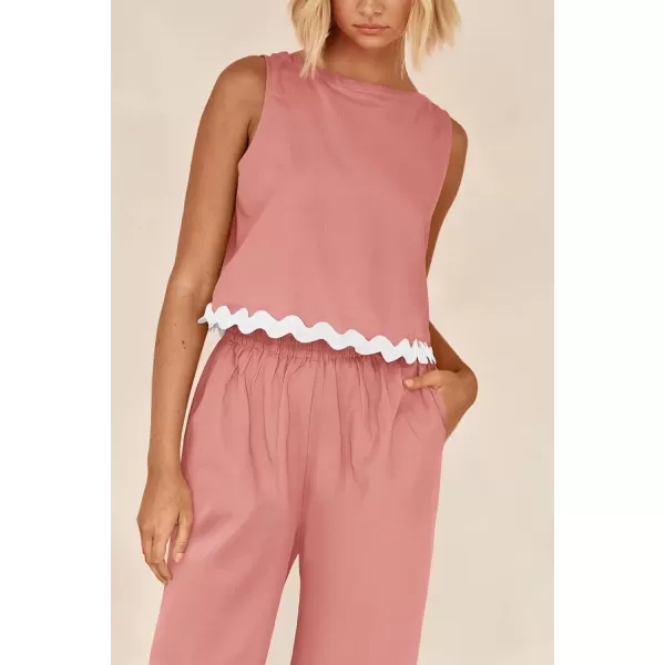 imagePRETTYGARDEN Womens Summer Casual 2 Piece Outfits Sleeveless Tank Crop Top Wide Leg Pants Sets TracksuitPink