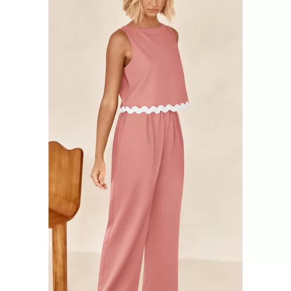imagePRETTYGARDEN Womens Summer Casual 2 Piece Outfits Sleeveless Tank Crop Top Wide Leg Pants Sets TracksuitPink