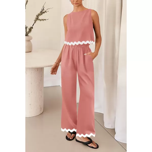 imagePRETTYGARDEN Womens Summer Casual 2 Piece Outfits Sleeveless Tank Crop Top Wide Leg Pants Sets TracksuitPink
