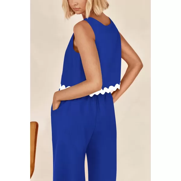 imagePRETTYGARDEN Womens Summer Casual 2 Piece Outfits Sleeveless Tank Crop Top Wide Leg Pants Sets TracksuitRoyal Blue