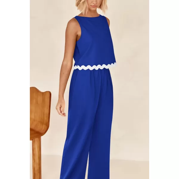 imagePRETTYGARDEN Womens Summer Casual 2 Piece Outfits Sleeveless Tank Crop Top Wide Leg Pants Sets TracksuitRoyal Blue