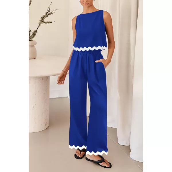 imagePRETTYGARDEN Womens Summer Casual 2 Piece Outfits Sleeveless Tank Crop Top Wide Leg Pants Sets TracksuitRoyal Blue