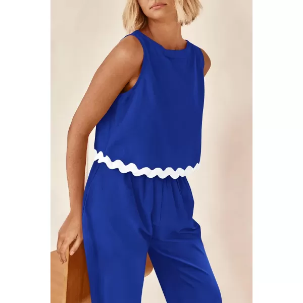 imagePRETTYGARDEN Womens Summer Casual 2 Piece Outfits Sleeveless Tank Crop Top Wide Leg Pants Sets TracksuitRoyal Blue