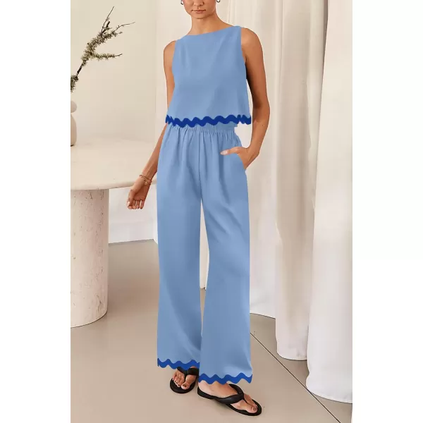 imagePRETTYGARDEN Womens Summer Casual 2 Piece Outfits Sleeveless Tank Crop Top Wide Leg Pants Sets TracksuitSky Blue