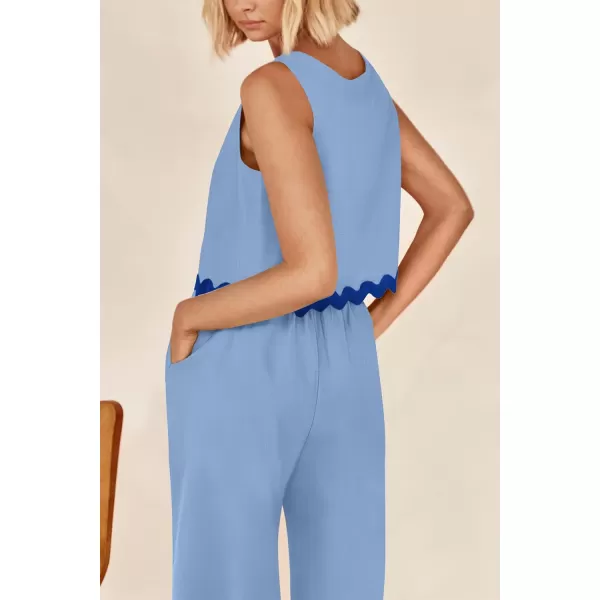 imagePRETTYGARDEN Womens Summer Casual 2 Piece Outfits Sleeveless Tank Crop Top Wide Leg Pants Sets TracksuitSky Blue
