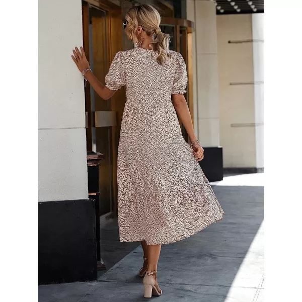 imagePRETTYGARDEN Womens Summer Casual Boho Dress Floral Print Ruffle Puff Sleeve High Waist Midi Beach DressesAPRICOT
