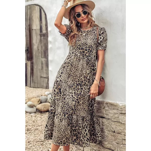 imagePRETTYGARDEN Womens Summer Casual Boho Dress Floral Print Ruffle Puff Sleeve High Waist Midi Beach DressesBlackBeige