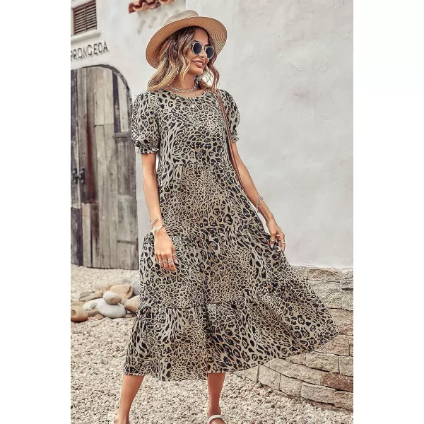 imagePRETTYGARDEN Womens Summer Casual Boho Dress Floral Print Ruffle Puff Sleeve High Waist Midi Beach DressesBlackBeige