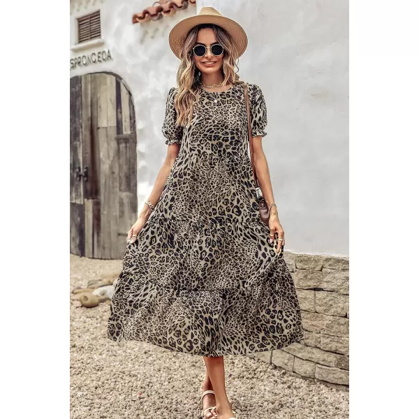 imagePRETTYGARDEN Womens Summer Casual Boho Dress Floral Print Ruffle Puff Sleeve High Waist Midi Beach DressesBlackBeige