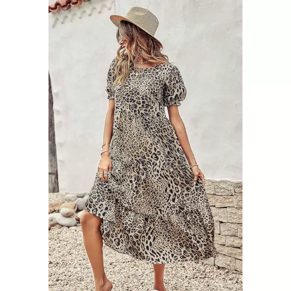 imagePRETTYGARDEN Womens Summer Casual Boho Dress Floral Print Ruffle Puff Sleeve High Waist Midi Beach DressesBlackBeige