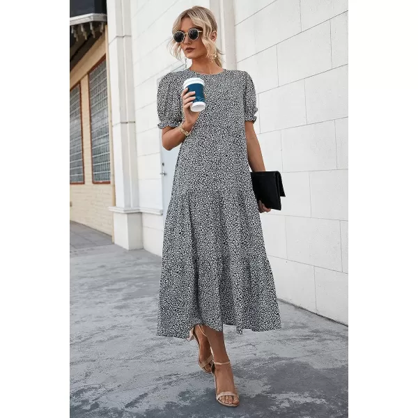 imagePRETTYGARDEN Womens Summer Casual Boho Dress Floral Print Ruffle Puff Sleeve High Waist Midi Beach DressesBlackWhite