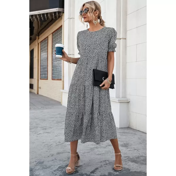 imagePRETTYGARDEN Womens Summer Casual Boho Dress Floral Print Ruffle Puff Sleeve High Waist Midi Beach DressesBlackWhite