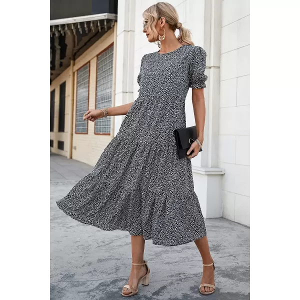 imagePRETTYGARDEN Womens Summer Casual Boho Dress Floral Print Ruffle Puff Sleeve High Waist Midi Beach DressesBlackWhite
