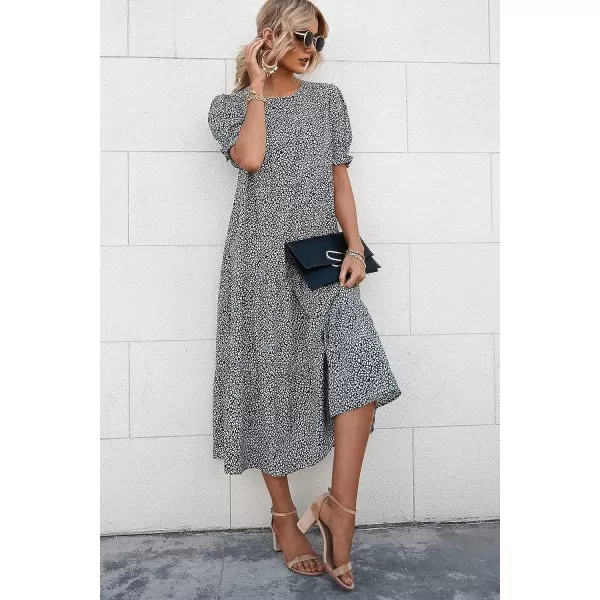 imagePRETTYGARDEN Womens Summer Casual Boho Dress Floral Print Ruffle Puff Sleeve High Waist Midi Beach DressesBlackWhite