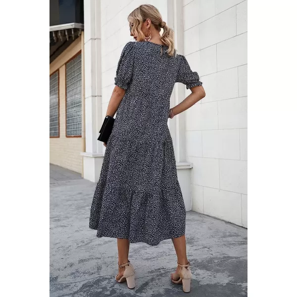 imagePRETTYGARDEN Womens Summer Casual Boho Dress Floral Print Ruffle Puff Sleeve High Waist Midi Beach DressesBlackWhite