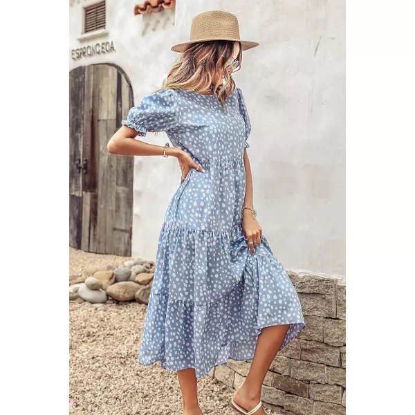 imagePRETTYGARDEN Womens Summer Casual Boho Dress Floral Print Ruffle Puff Sleeve High Waist Midi Beach DressesBlue